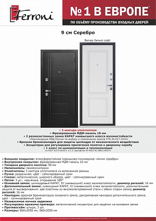Дверь мет Гарда 7,5мм Серебро Велюр белый софт 86 Правая Россия